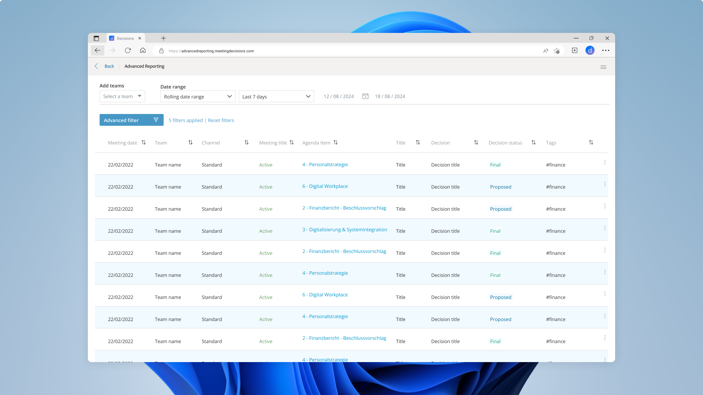 Advanced Reporting dashboard