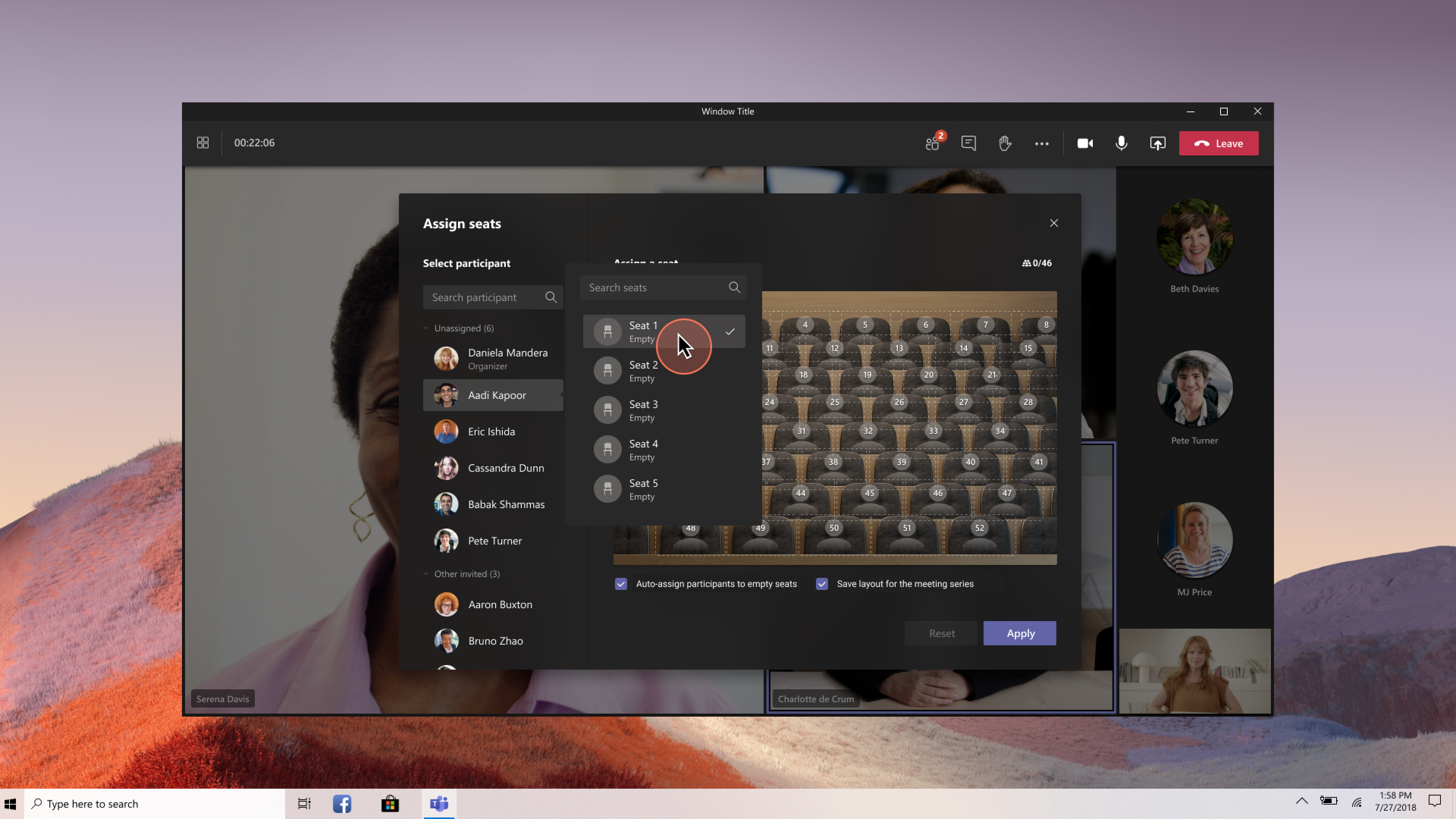 Seat assignment modal with scene map